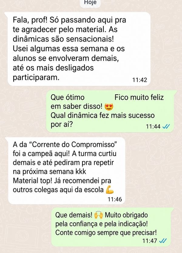 Depoimento em conversa de WhatsApp sobre as 200 Dinâmicas