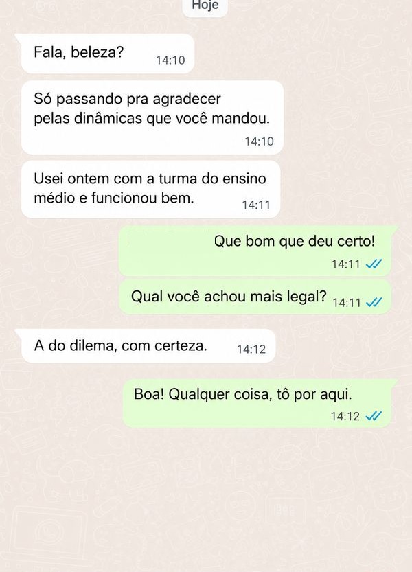 Depoimento em conversa de WhatsApp sobre as 200 Dinâmicas